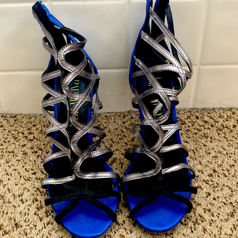 Blue/Silver/black strappy heels, 4.5 inch heel, size 7